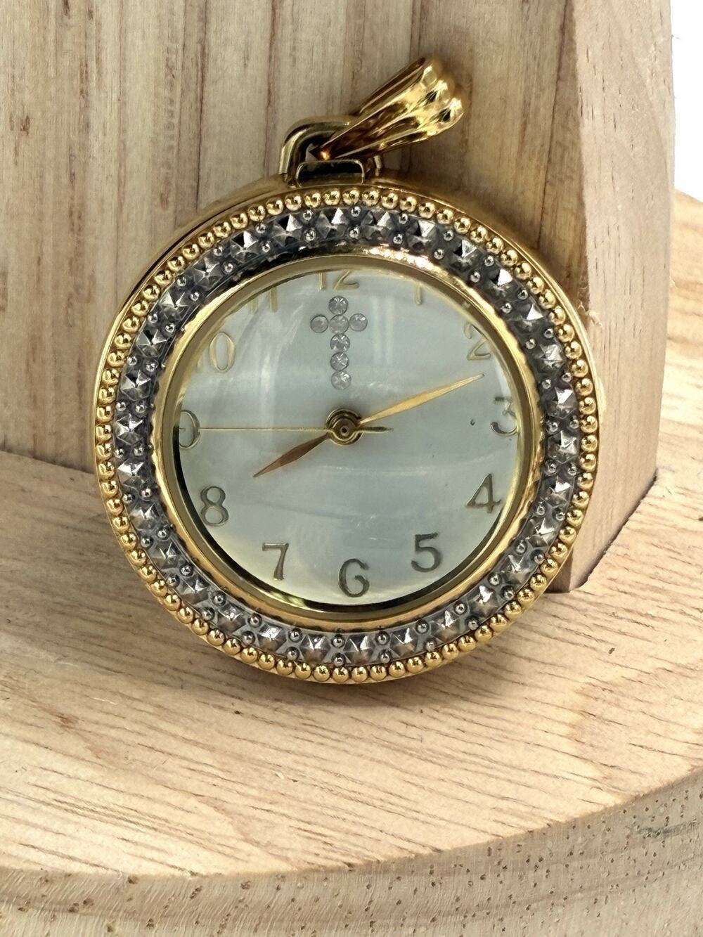Vintage Cross Dial Locket Pendant Watch Gold Two Tone MOP Japan Untested